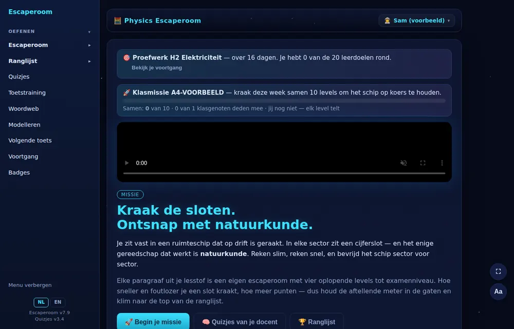 De startpagina met de volgende toets en de klasmissie.