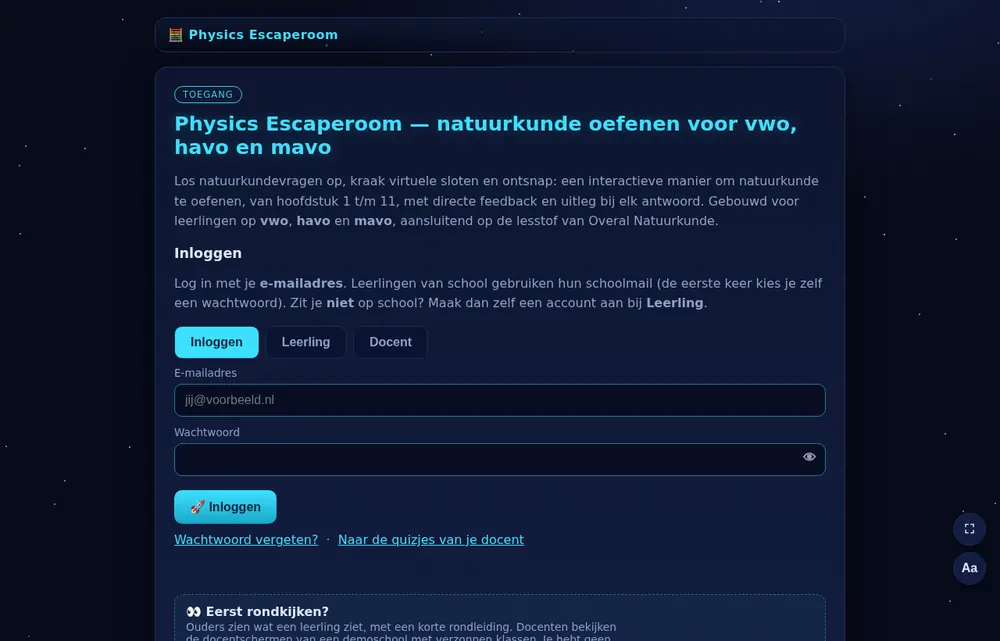 De inlogpagina. Onderaan kun je zonder account rondkijken als ouder of docent.
